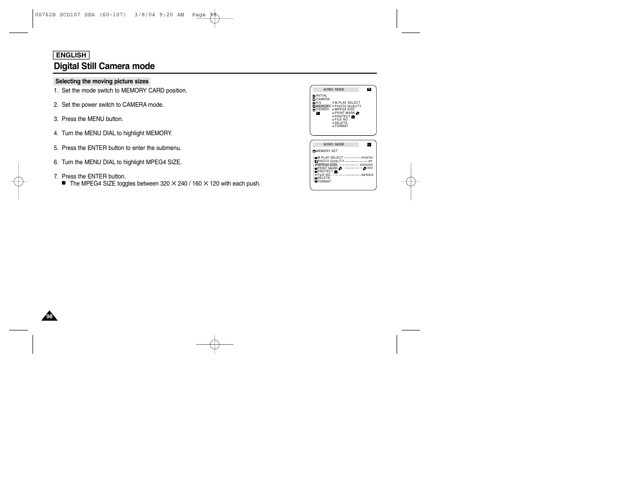 Digital still camera mode | Samsung SC-D107-XAP User Manual | Page 102 / 113