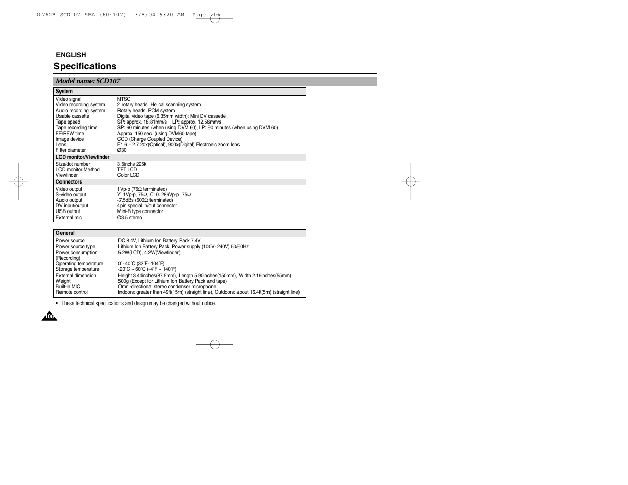 Specifications | Samsung SC-D107-XAP User Manual | Page 110 / 113