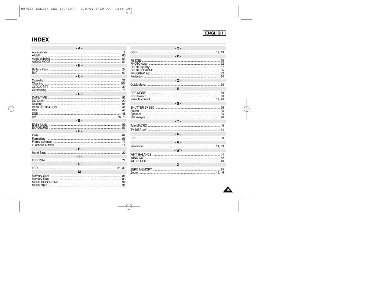 Index | Samsung SC-D107-XAP User Manual | Page 111 / 113