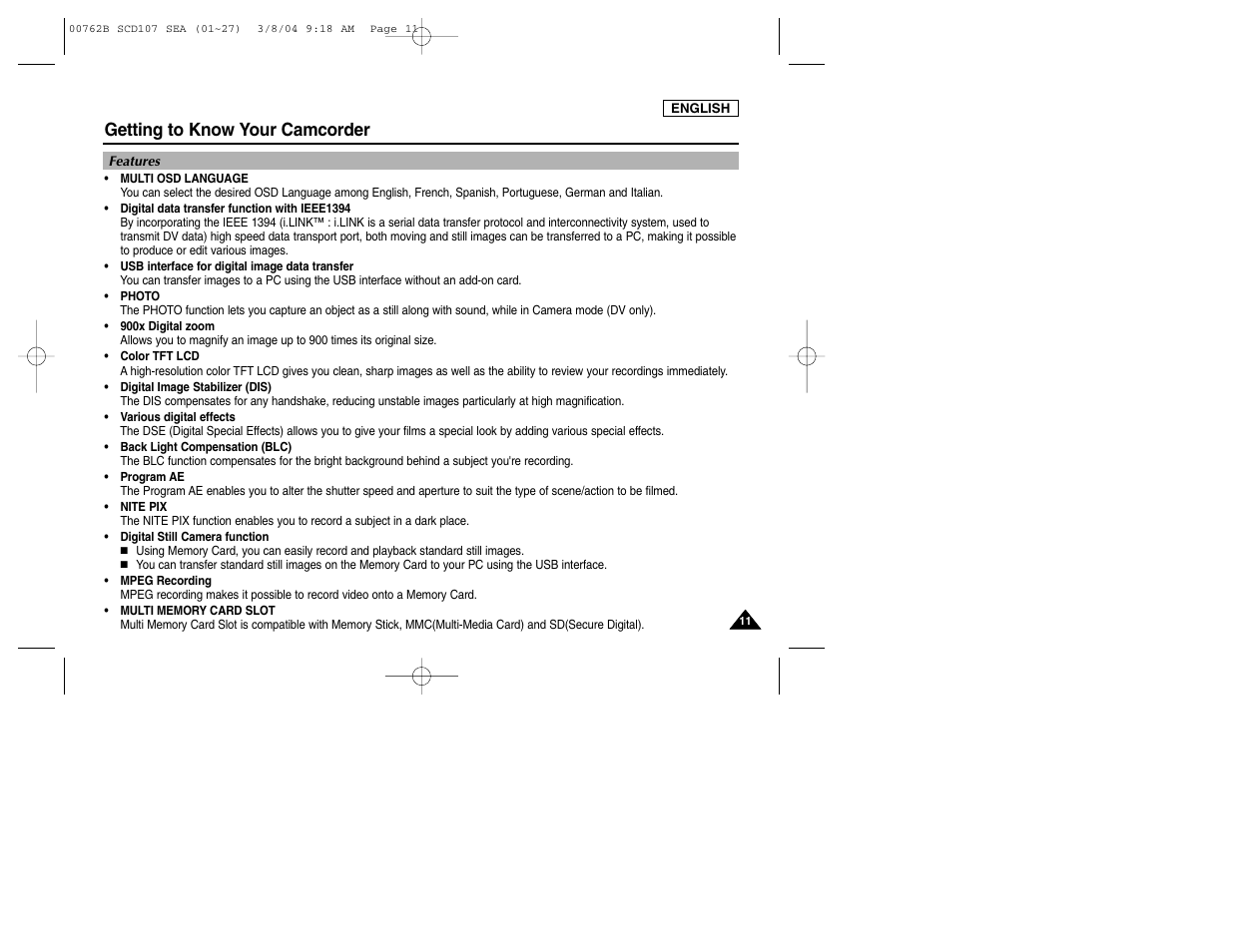 Getting to know your camcorder | Samsung SC-D107-XAP User Manual | Page 15 / 113