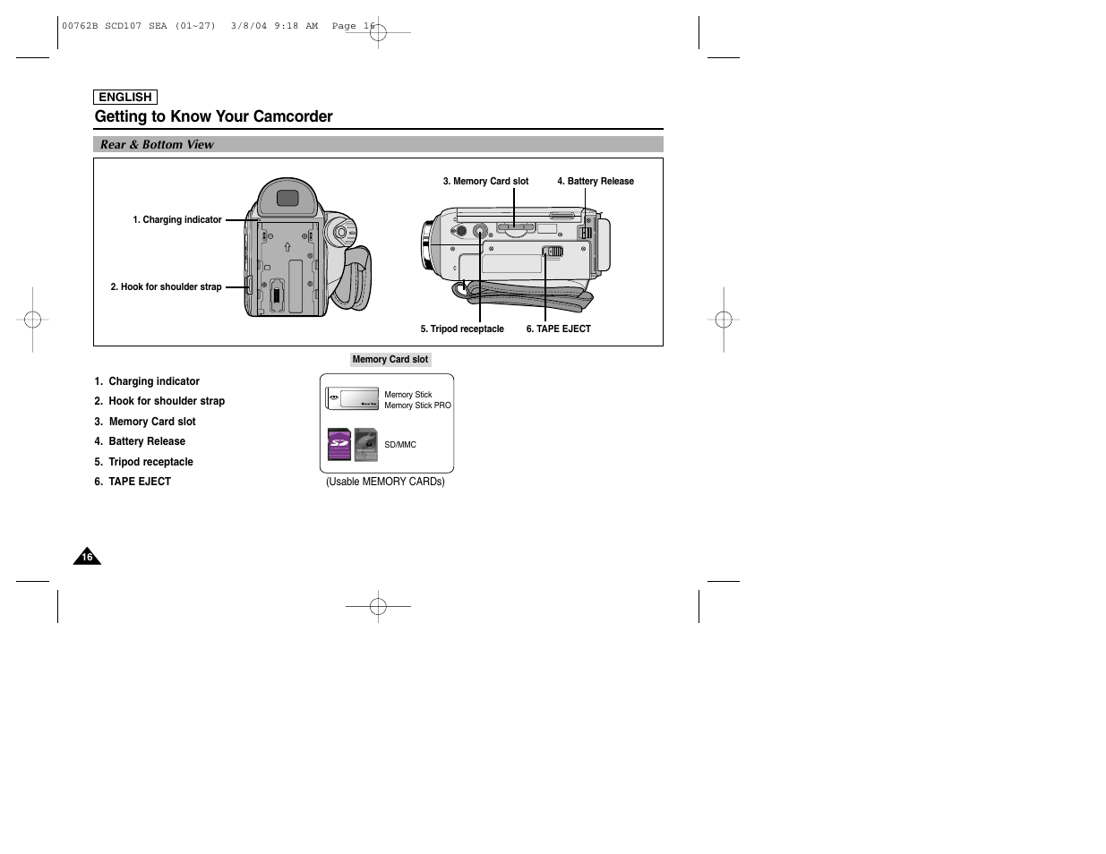 Getting to know your camcorder | Samsung SC-D107-XAP User Manual | Page 20 / 113