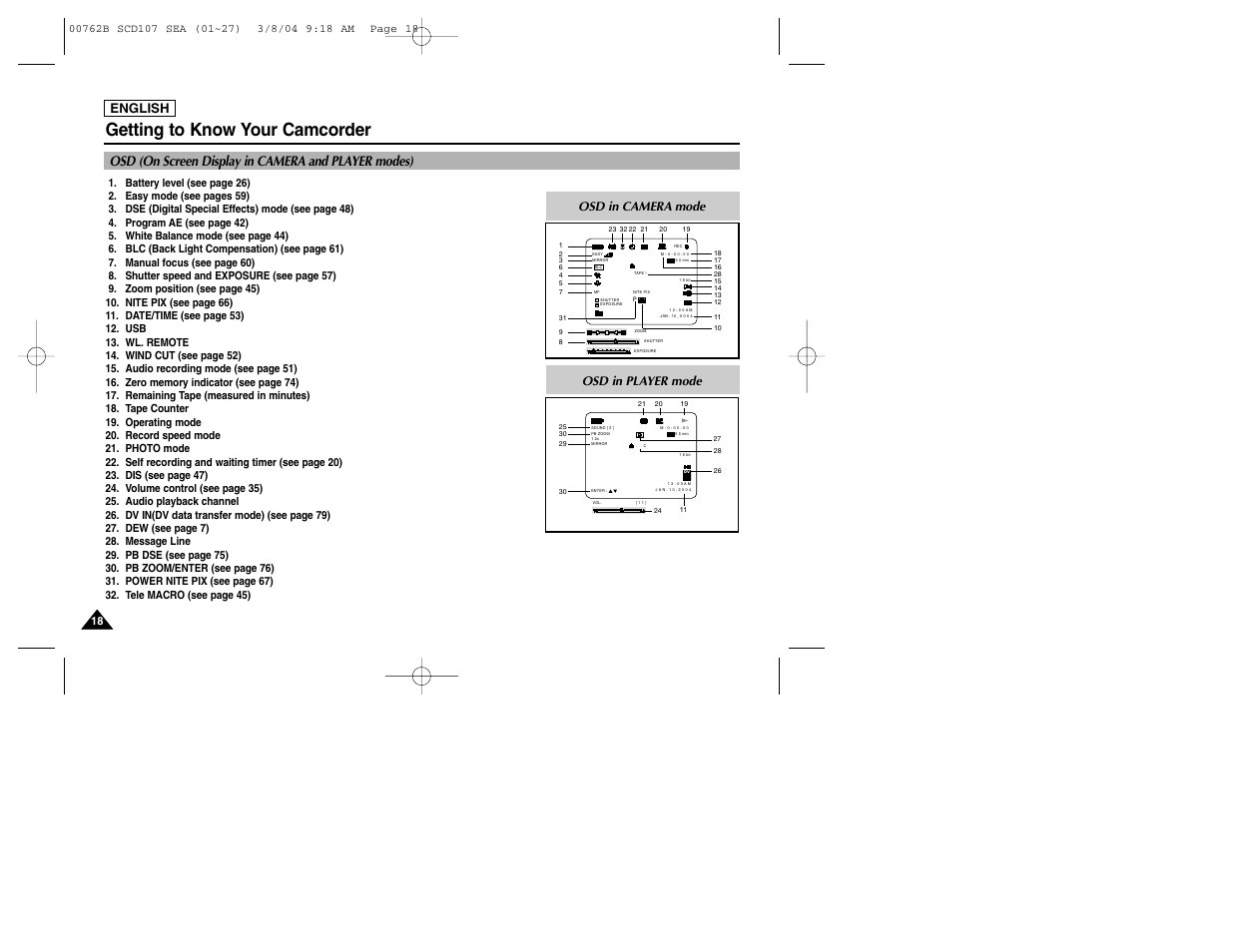 Getting to know your camcorder, Osd (on screen display in camera and player modes), English | Osd in camera mode, Osd in player mode | Samsung SC-D107-XAP User Manual | Page 22 / 113