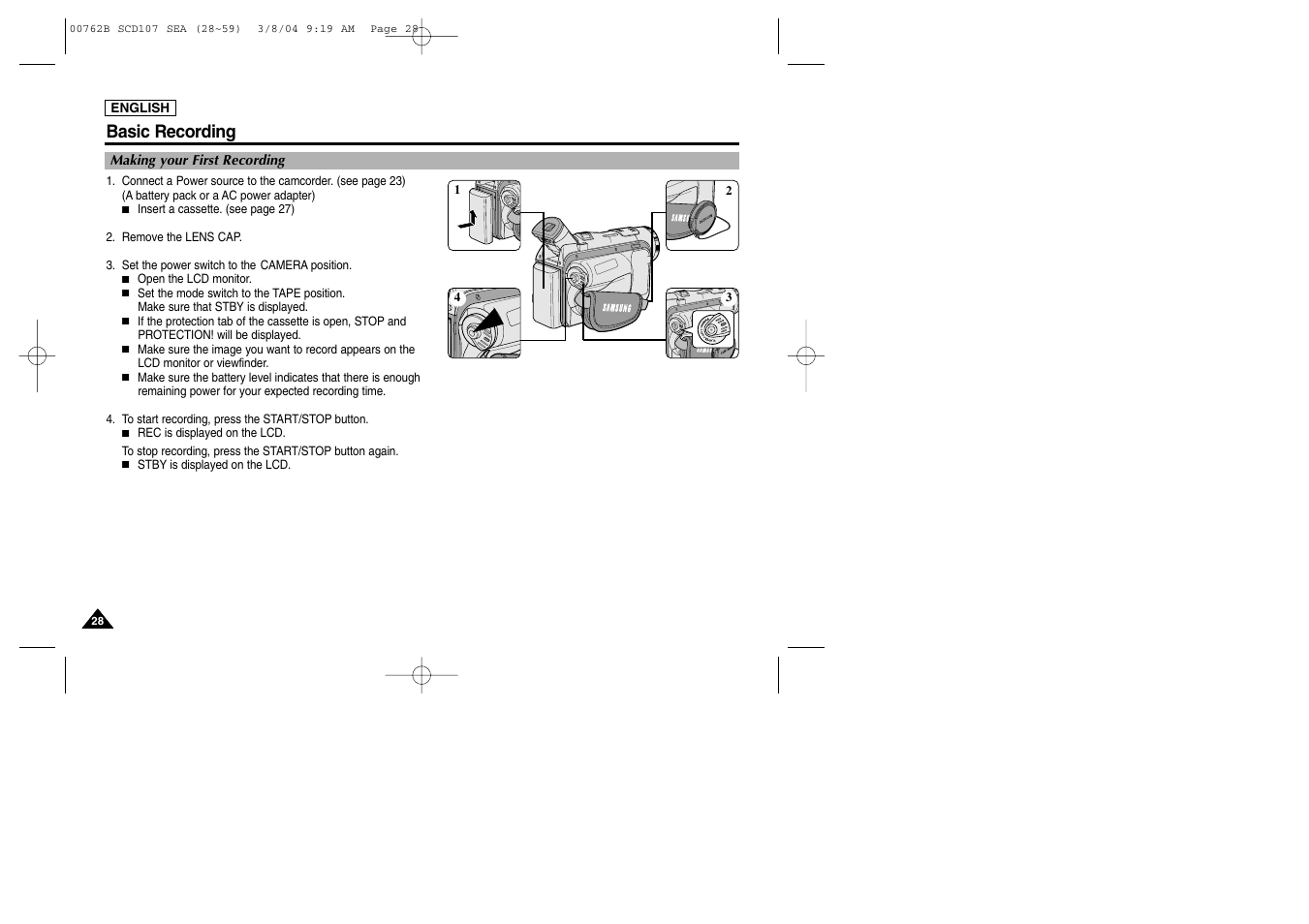 Basic recording | Samsung SC-D107-XAP User Manual | Page 32 / 113