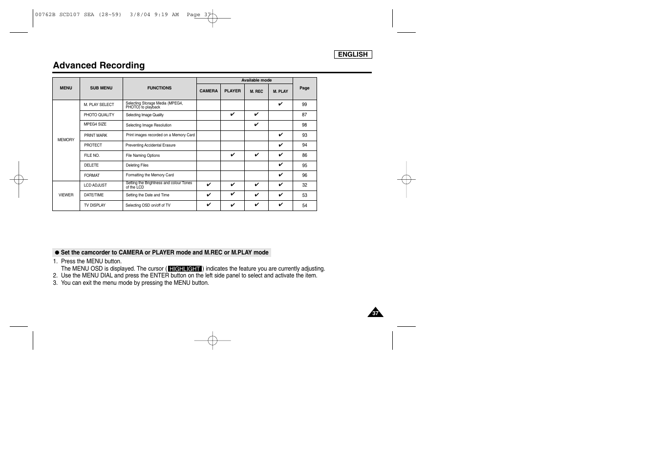 Advanced recording | Samsung SC-D107-XAP User Manual | Page 41 / 113