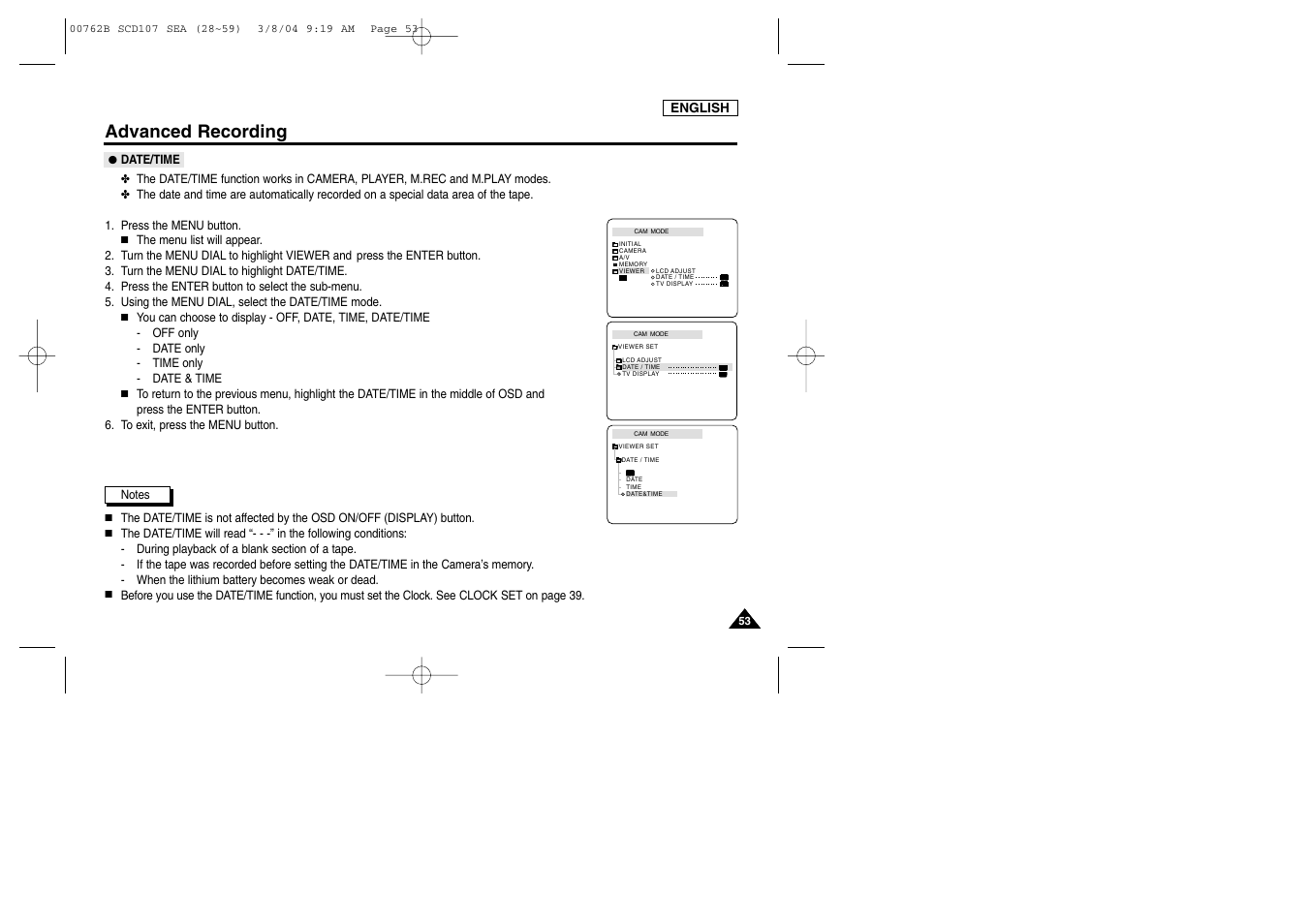 Advanced recording | Samsung SC-D107-XAP User Manual | Page 57 / 113