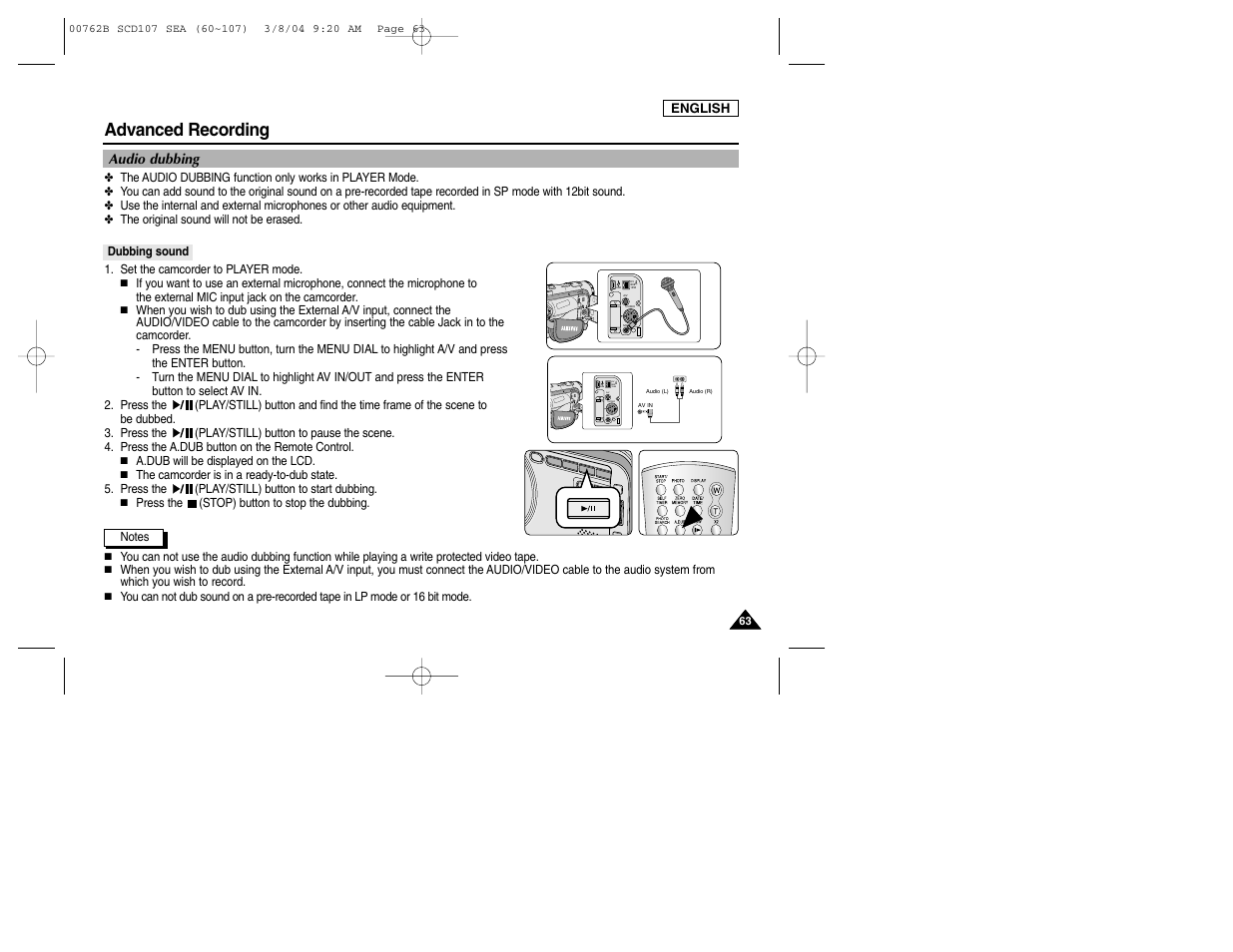 Dv ieee 1394 usb a/v s-video mic, Advanced recording | Samsung SC-D107-XAP User Manual | Page 67 / 113