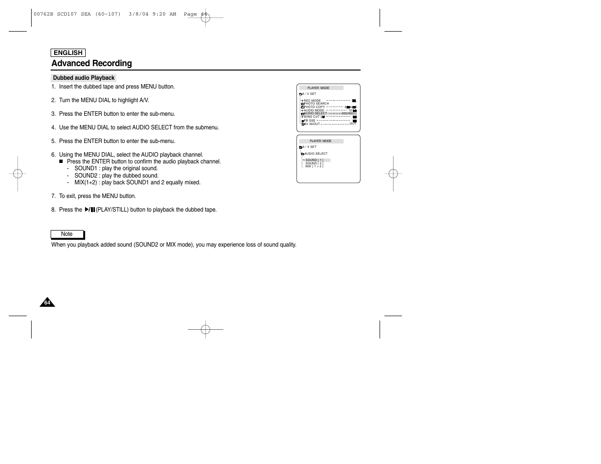 Advanced recording | Samsung SC-D107-XAP User Manual | Page 68 / 113