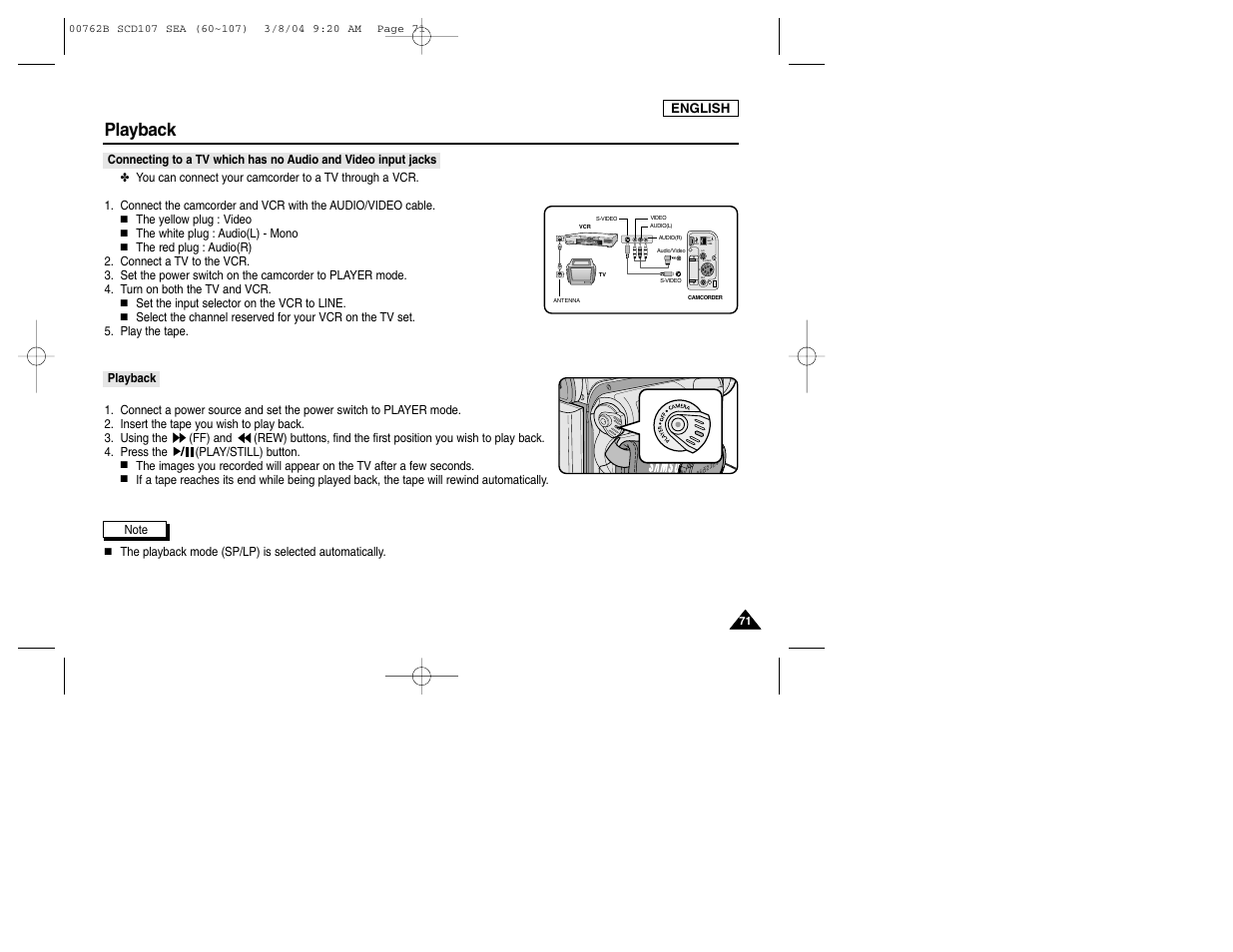 Dv ieee 1394 usb a/v s-video mic, Playback | Samsung SC-D107-XAP User Manual | Page 75 / 113