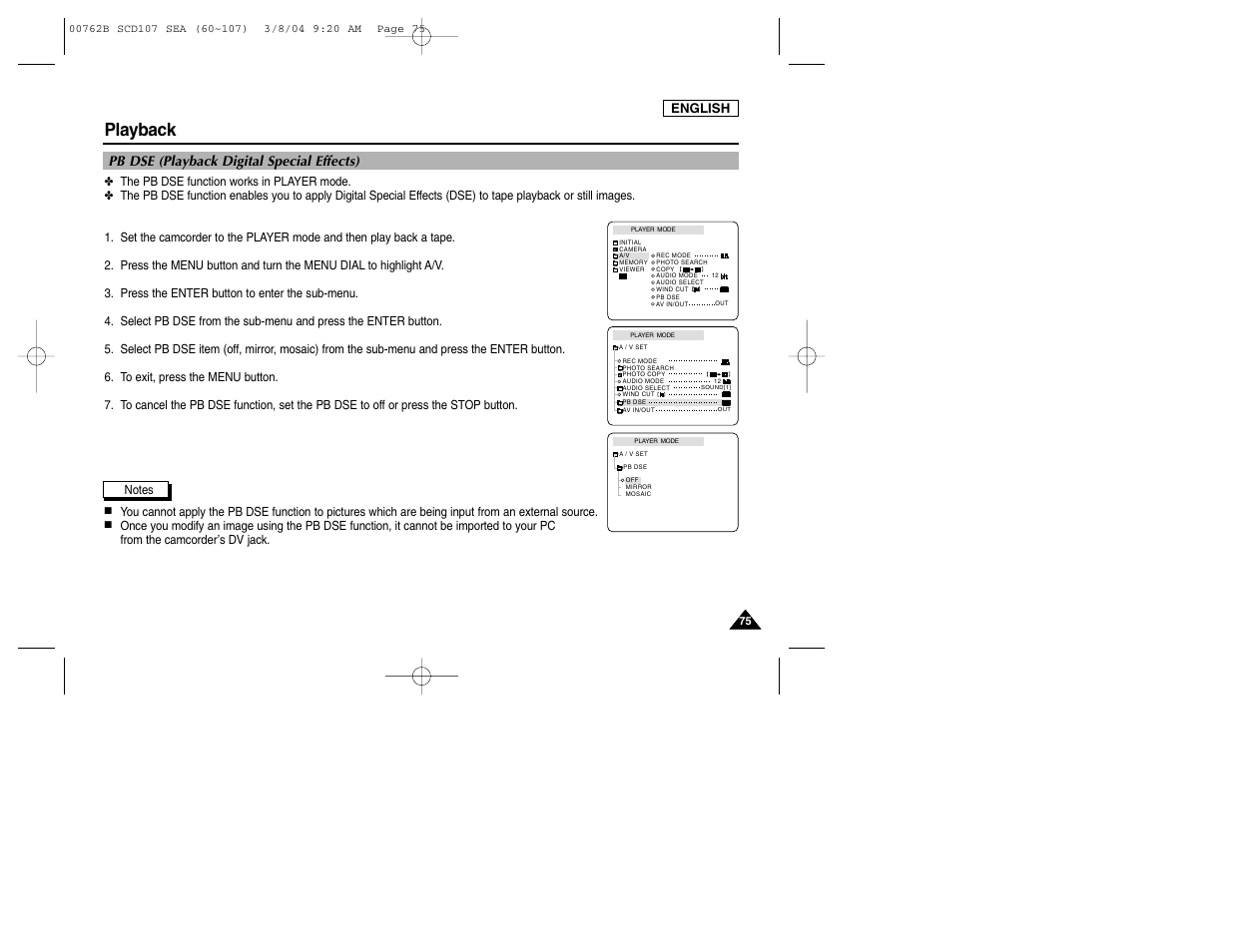 Playback, Pb dse (playback digital special effects) | Samsung SC-D107-XAP User Manual | Page 79 / 113