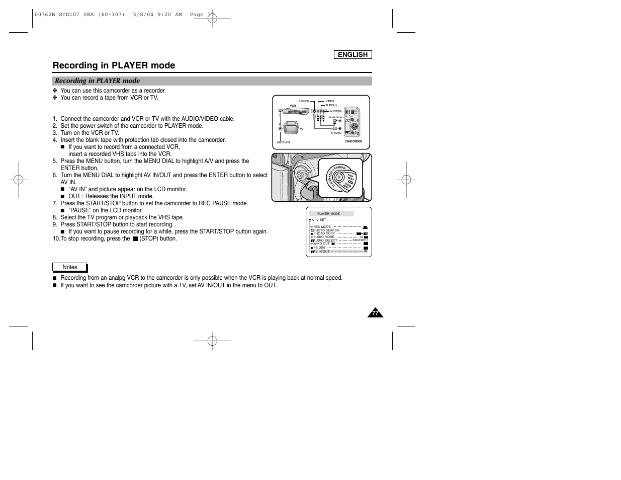 Dv ieee 1394 usb a/v s-video mic, Recording in player mode | Samsung SC-D107-XAP User Manual | Page 81 / 113