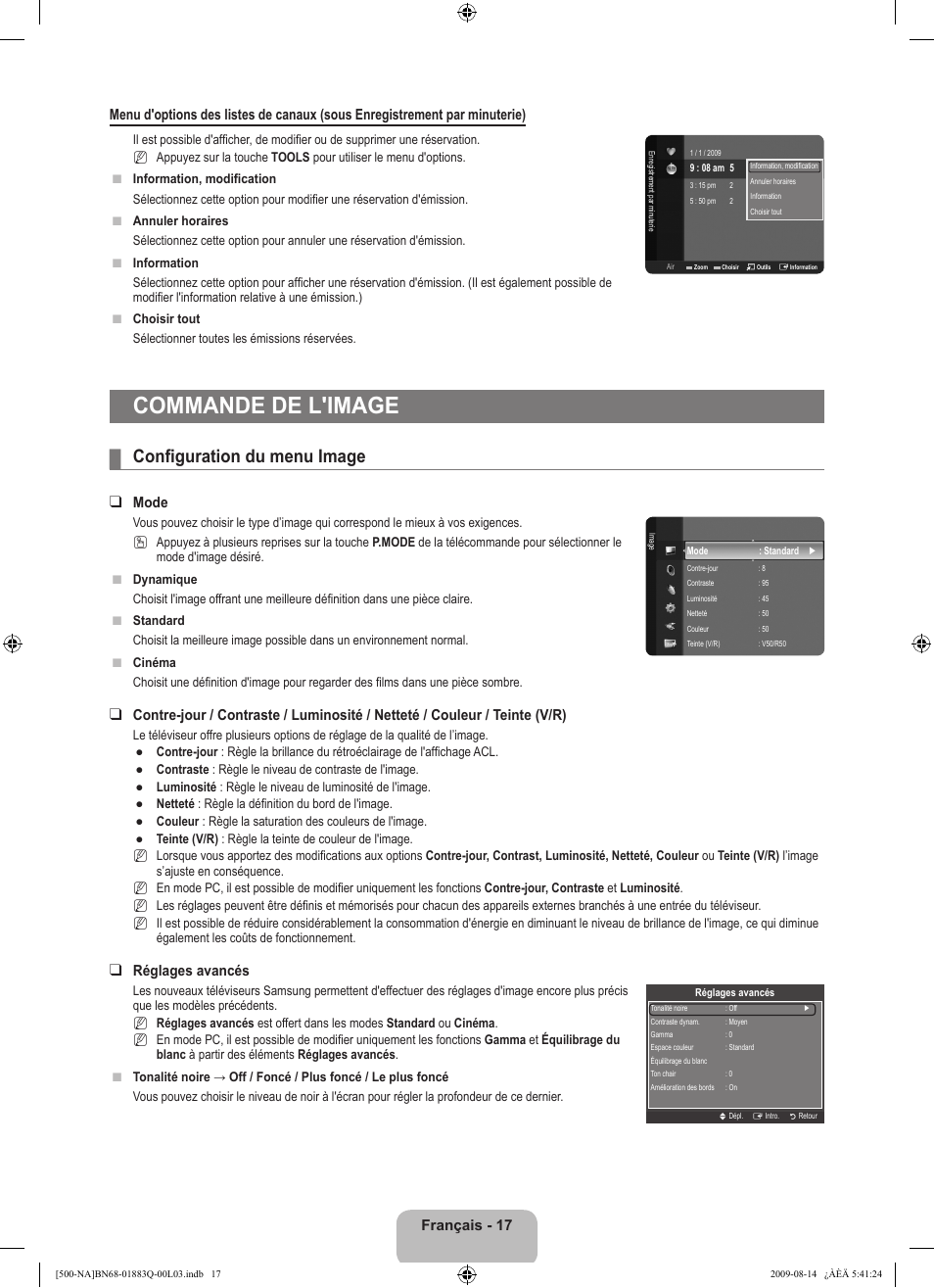 Commande de l'image, Configuration du menu image, Mode | Réglages avancés | Samsung LN40B500P3FXZA User Manual | Page 103 / 128