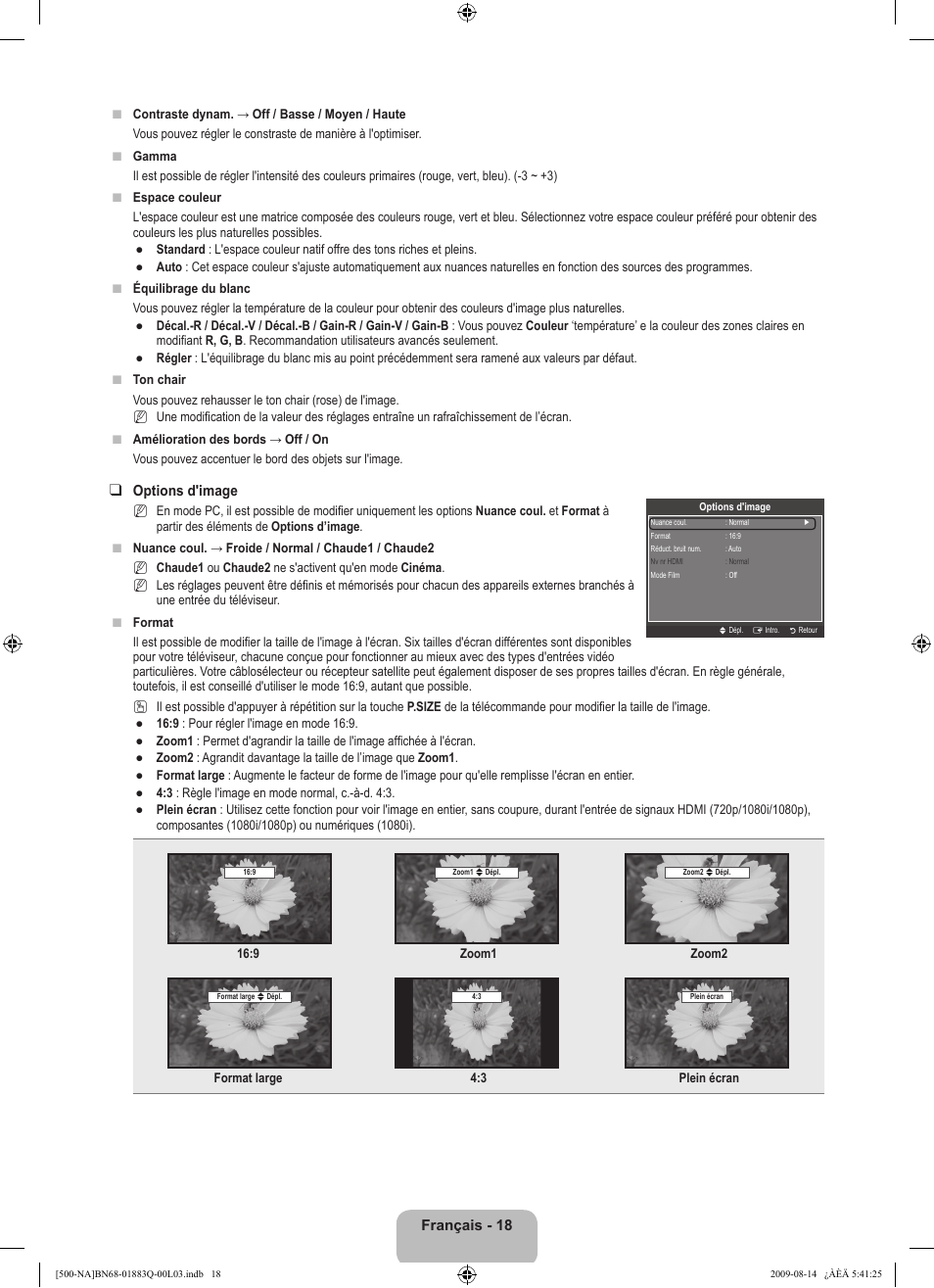 Français - 18, Options d'image | Samsung LN40B500P3FXZA User Manual | Page 104 / 128