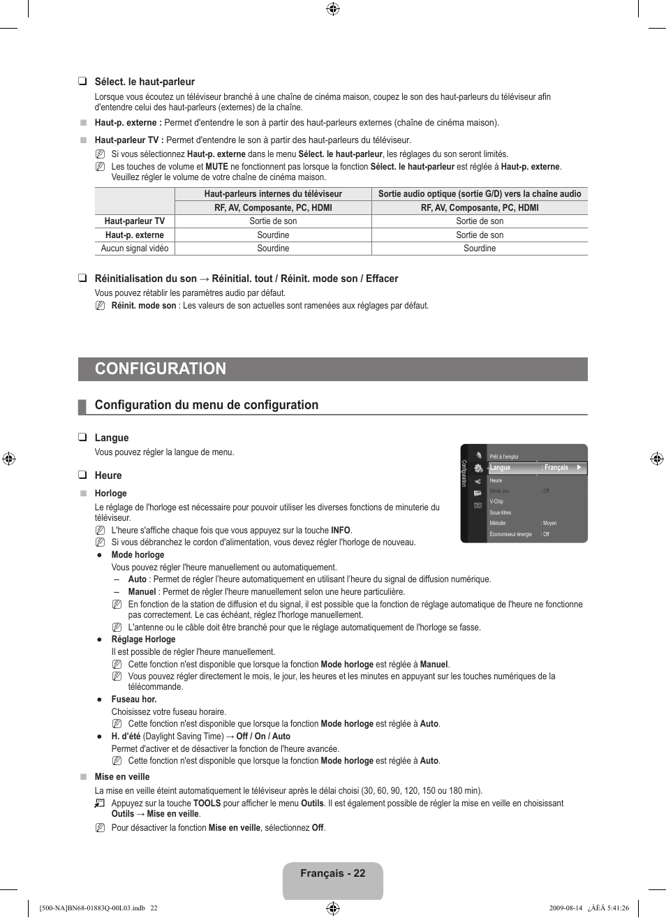 Configuration, Configuration du menu de configuration | Samsung LN40B500P3FXZA User Manual | Page 108 / 128