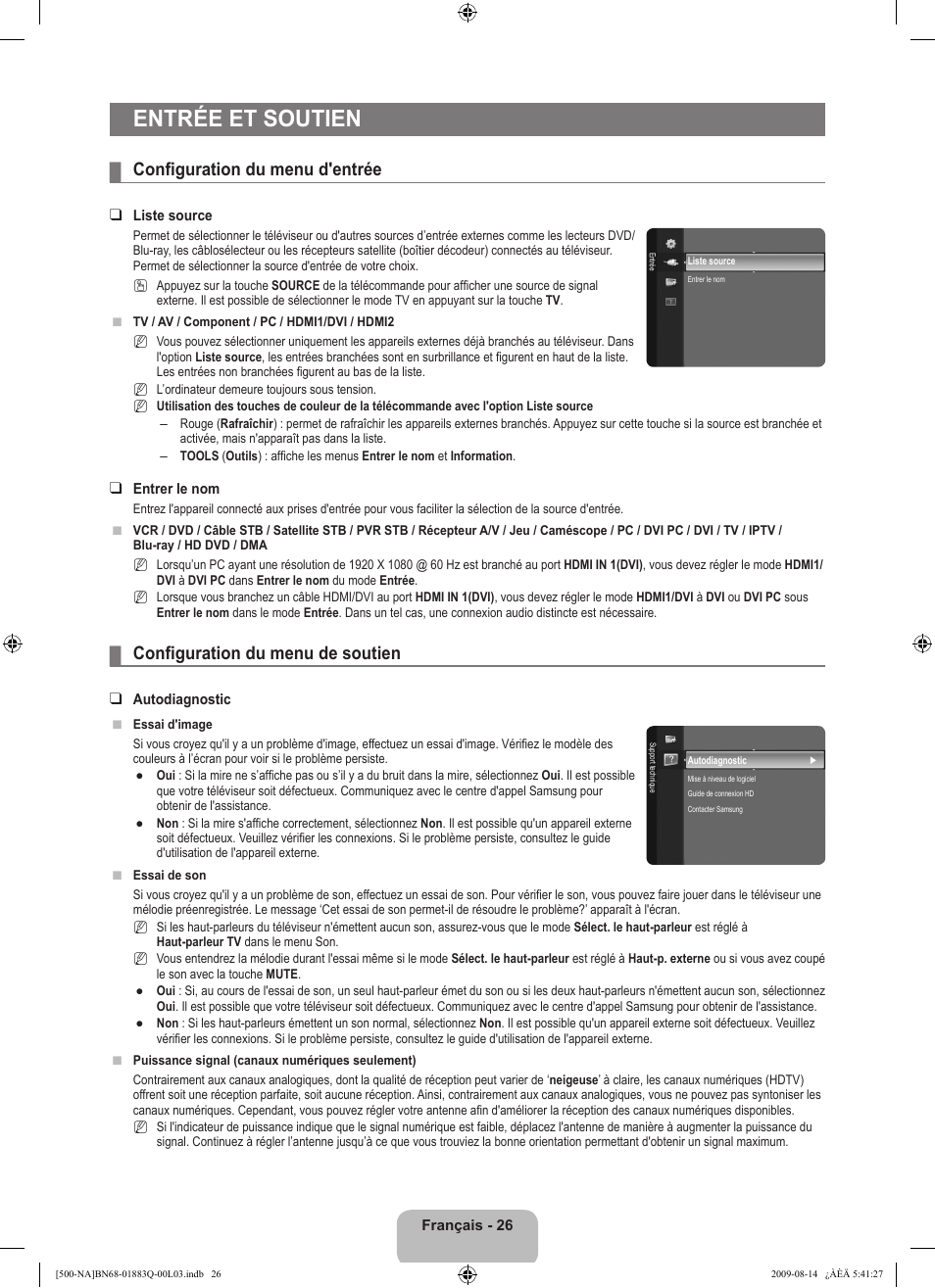 Entrée et soutien, Configuration du menu d'entrée, Configuration du menu de soutien | Samsung LN40B500P3FXZA User Manual | Page 112 / 128