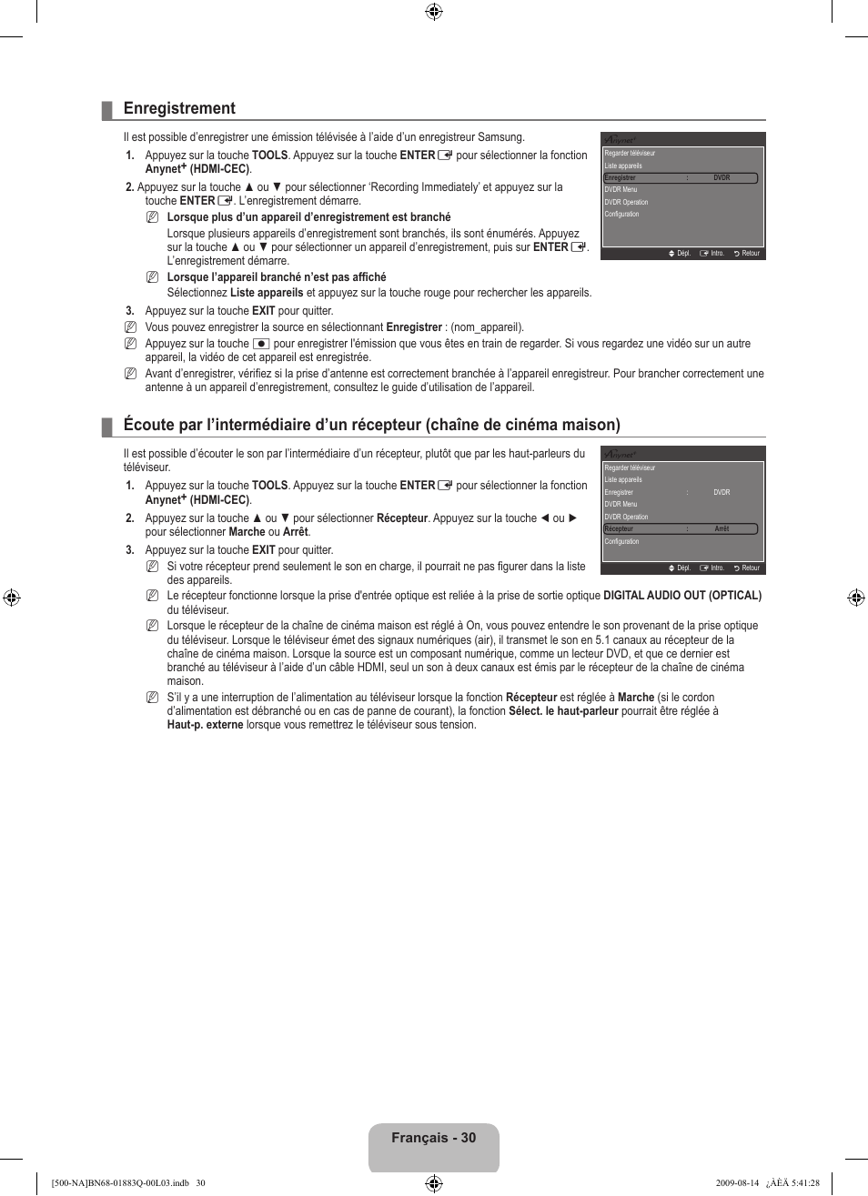 Enregistrement, Français - 0 | Samsung LN40B500P3FXZA User Manual | Page 116 / 128