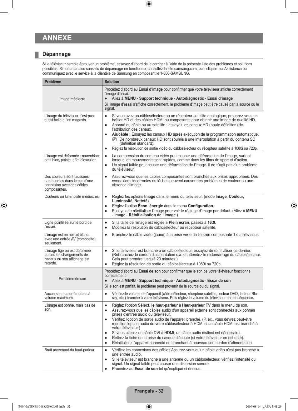 Annexe, Dépannage | Samsung LN40B500P3FXZA User Manual | Page 118 / 128