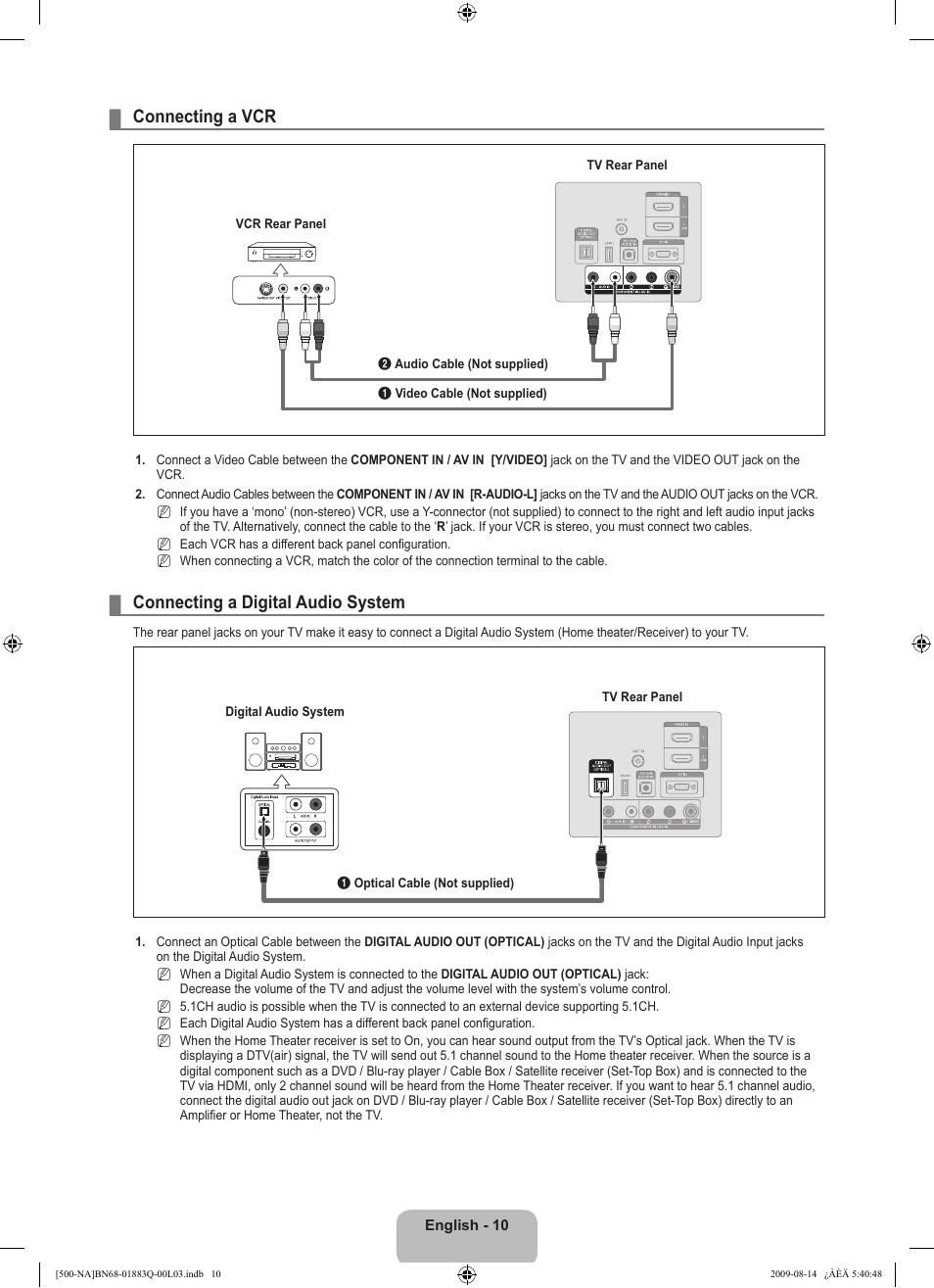 Connecting a vcr, Connecting a digital audio system | Samsung LN40B500P3FXZA User Manual | Page 12 / 128