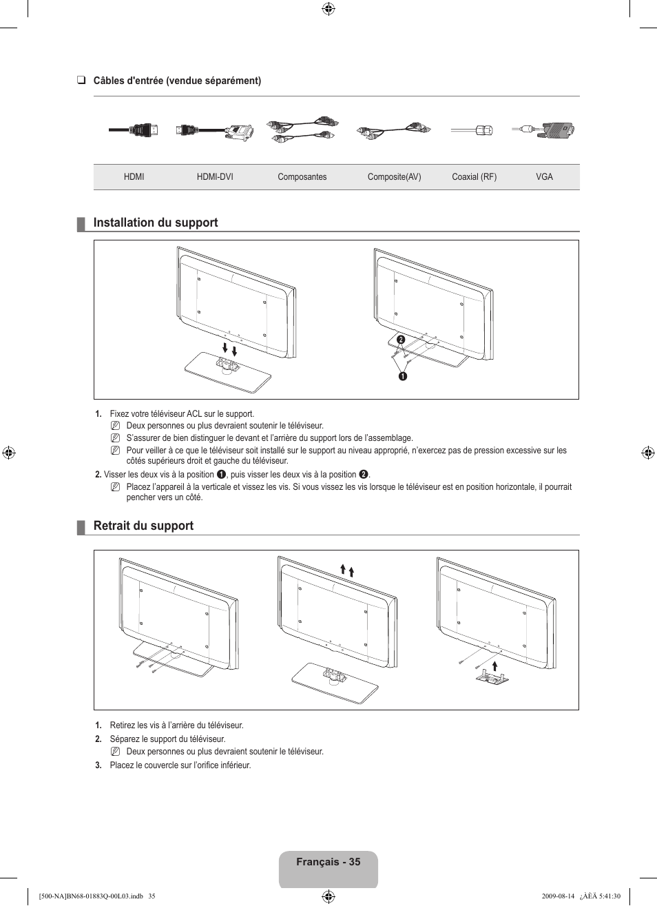 Installation du support, Retrait du support | Samsung LN40B500P3FXZA User Manual | Page 121 / 128
