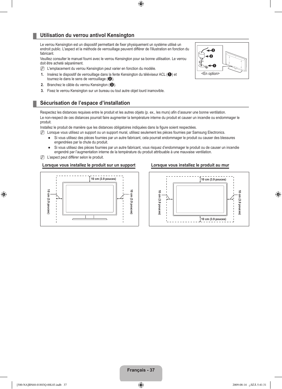 Utilisation du verrou antivol kensington, Sécurisation de l’espace d’installation | Samsung LN40B500P3FXZA User Manual | Page 123 / 128