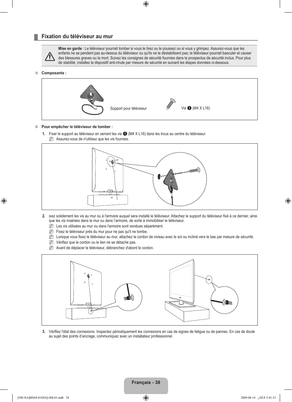 Fixation du téléviseur au mur | Samsung LN40B500P3FXZA User Manual | Page 124 / 128