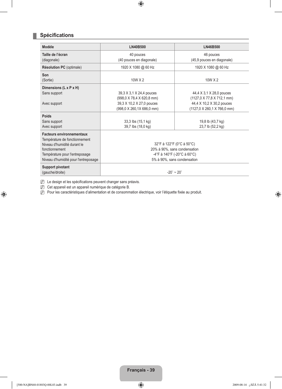 Spécifications | Samsung LN40B500P3FXZA User Manual | Page 125 / 128
