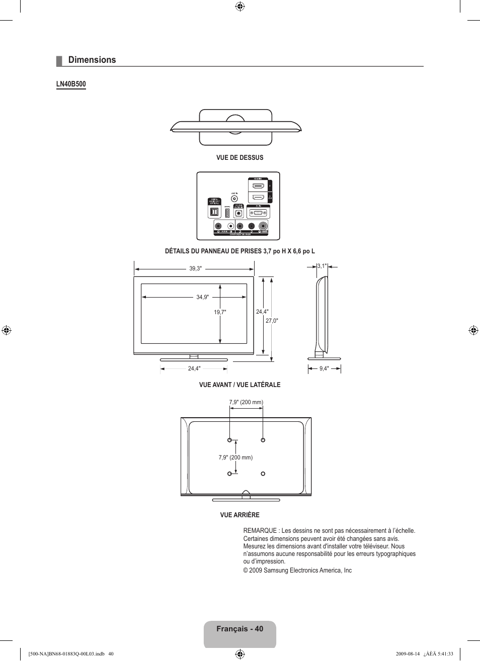 Dimensions | Samsung LN40B500P3FXZA User Manual | Page 126 / 128