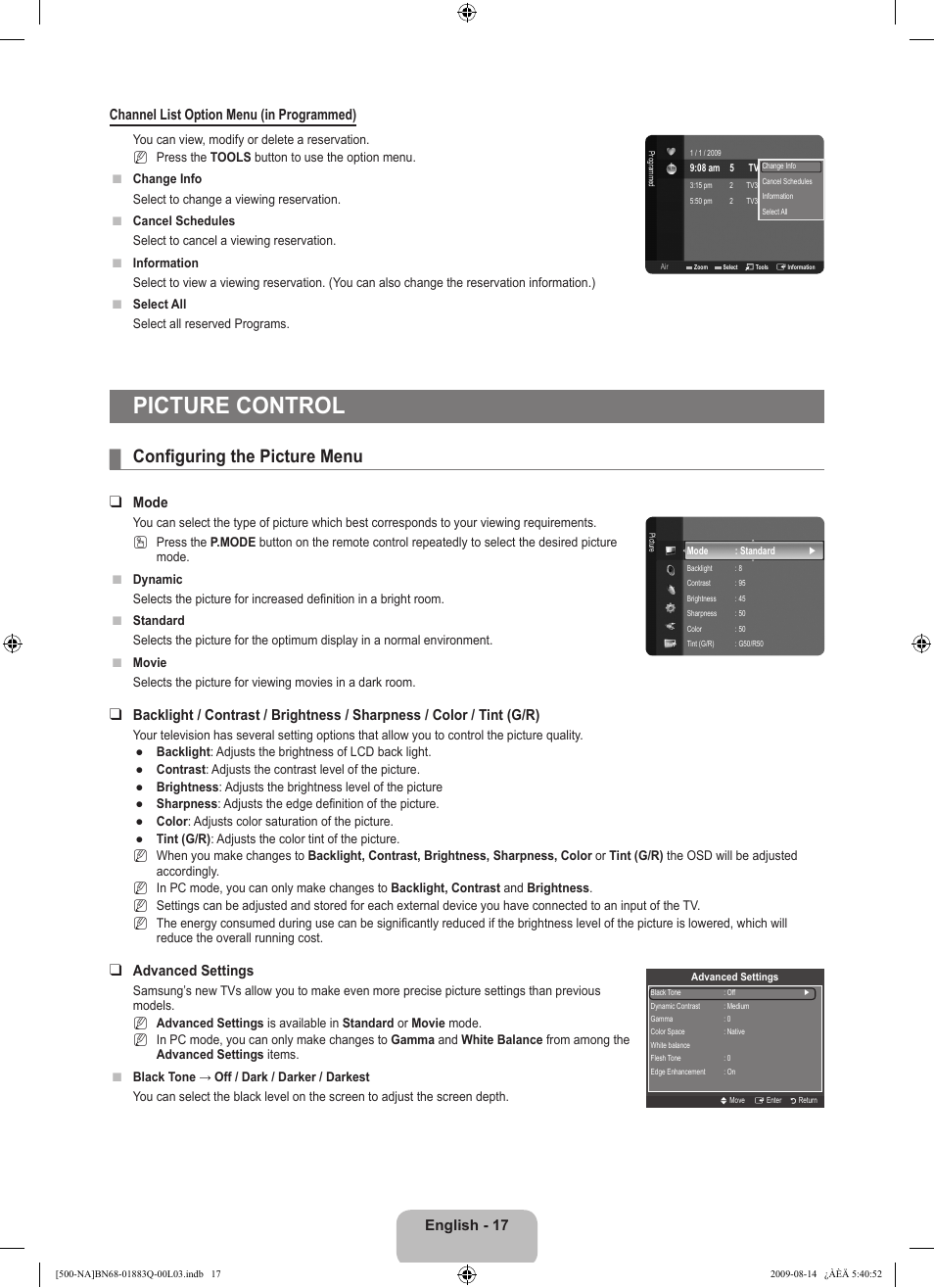 Picture control, Configuring the picture menu, Mode | Advanced settings | Samsung LN40B500P3FXZA User Manual | Page 19 / 128