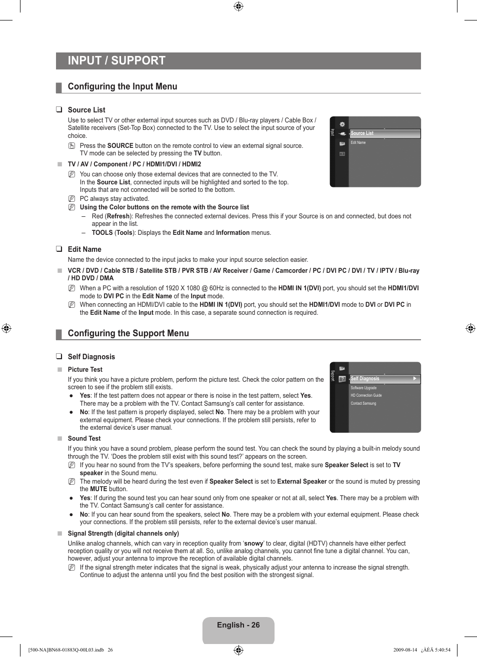 Input / suport, Configuring the input menu, Configuring the support menu | Input / support | Samsung LN40B500P3FXZA User Manual | Page 28 / 128