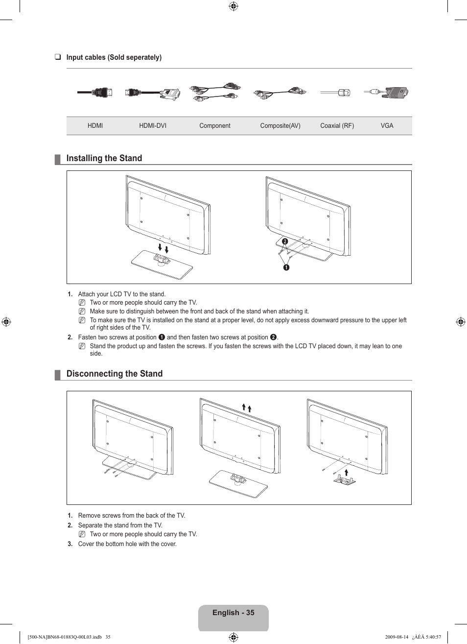 Installing the stand, Disconnecting the stand | Samsung LN40B500P3FXZA User Manual | Page 37 / 128