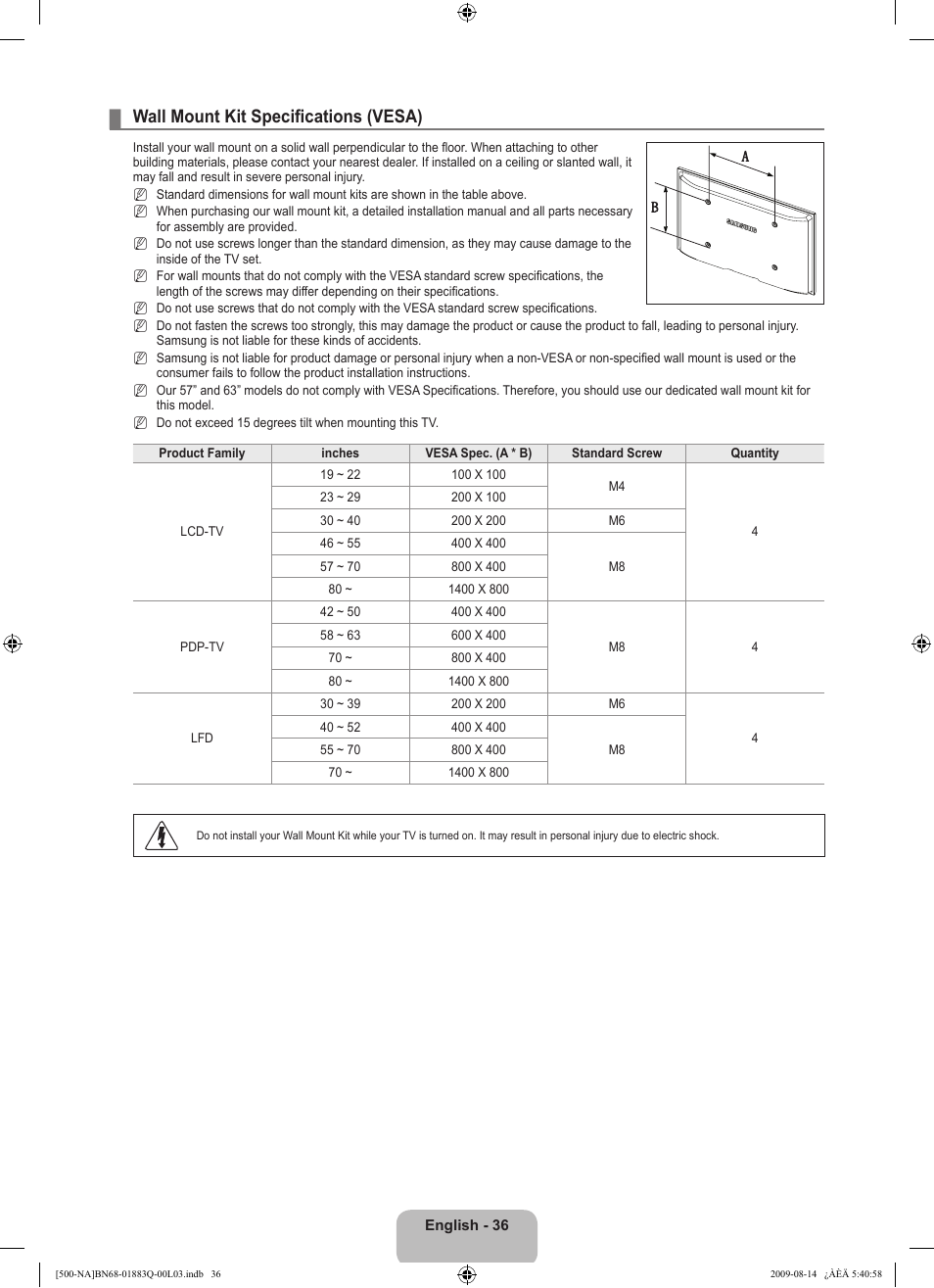 Wall mount kit specifications (vesa) | Samsung LN40B500P3FXZA User Manual | Page 38 / 128