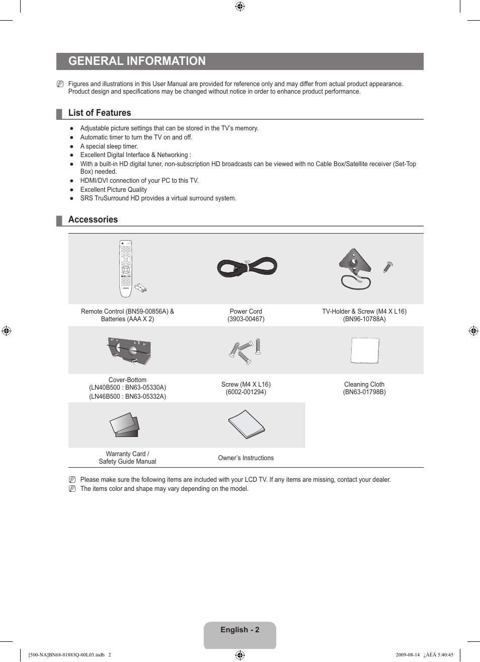 General information, List of features, Accessories | Samsung LN40B500P3FXZA User Manual | Page 4 / 128