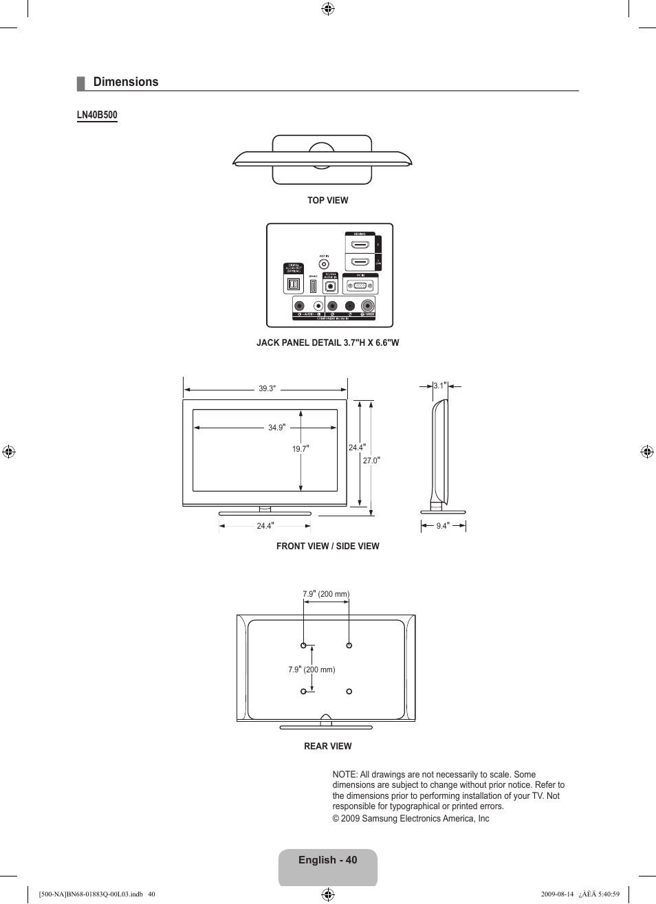 Dimensions | Samsung LN40B500P3FXZA User Manual | Page 42 / 128