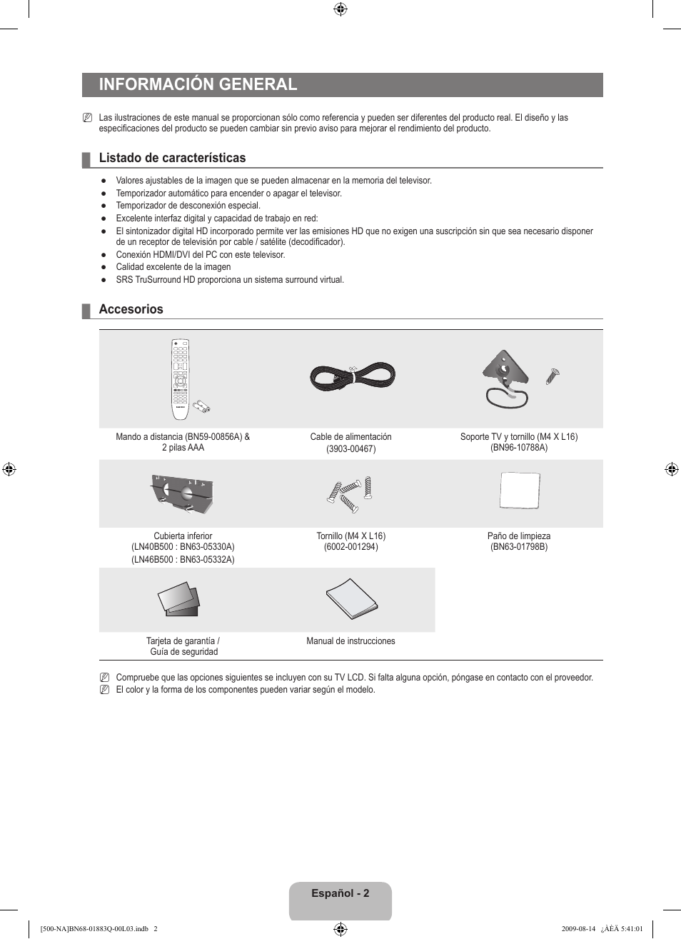 Información general, Listado de características, Accesorios | Samsung LN40B500P3FXZA User Manual | Page 46 / 128