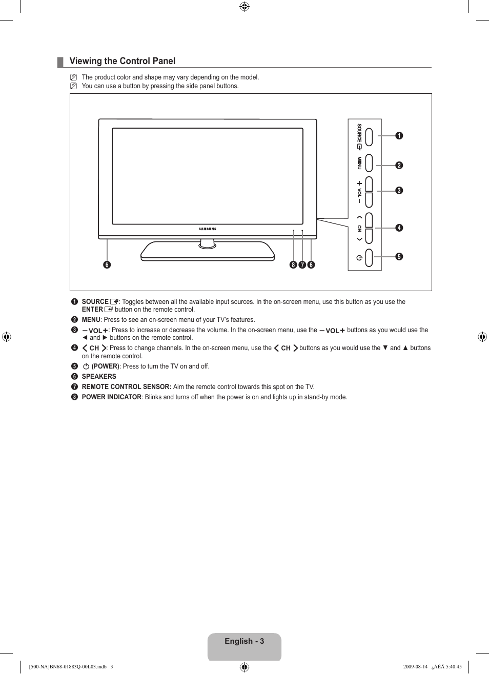 Viewing the control panel | Samsung LN40B500P3FXZA User Manual | Page 5 / 128