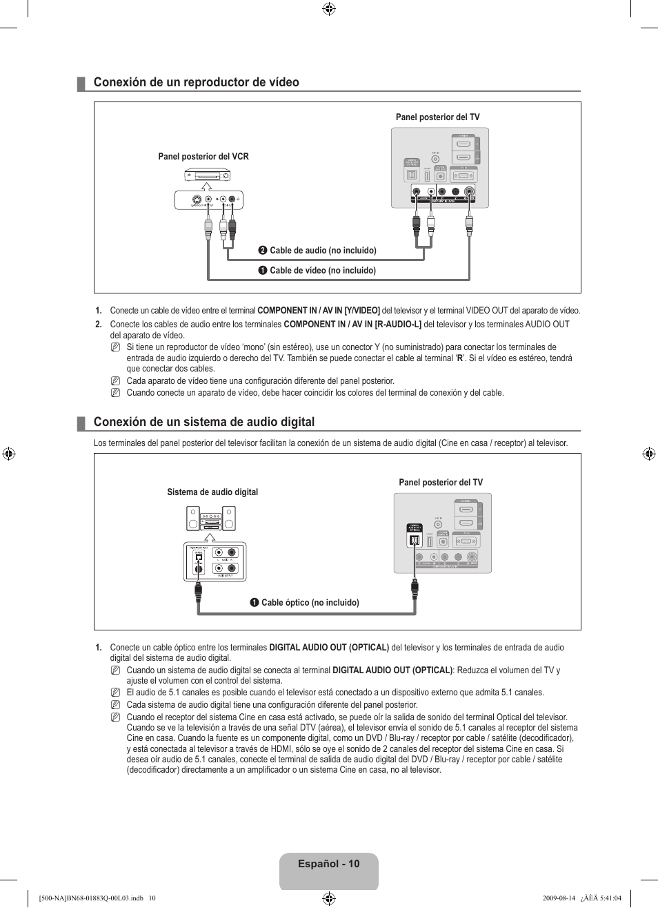 Conexión de un reproductor de vídeo, Conexión de un sistema de audio digital | Samsung LN40B500P3FXZA User Manual | Page 54 / 128