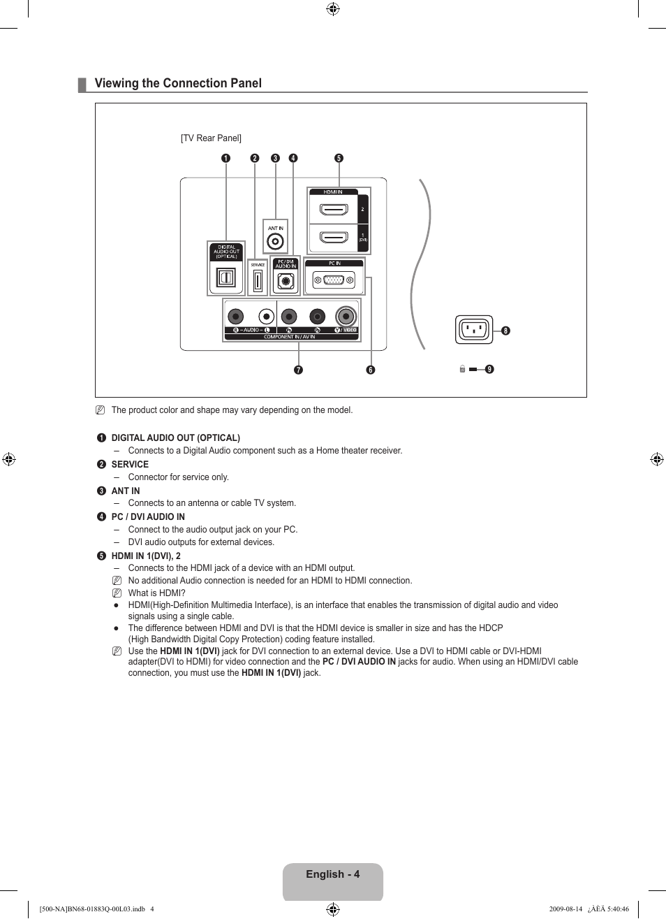 Viewing the connection panel | Samsung LN40B500P3FXZA User Manual | Page 6 / 128
