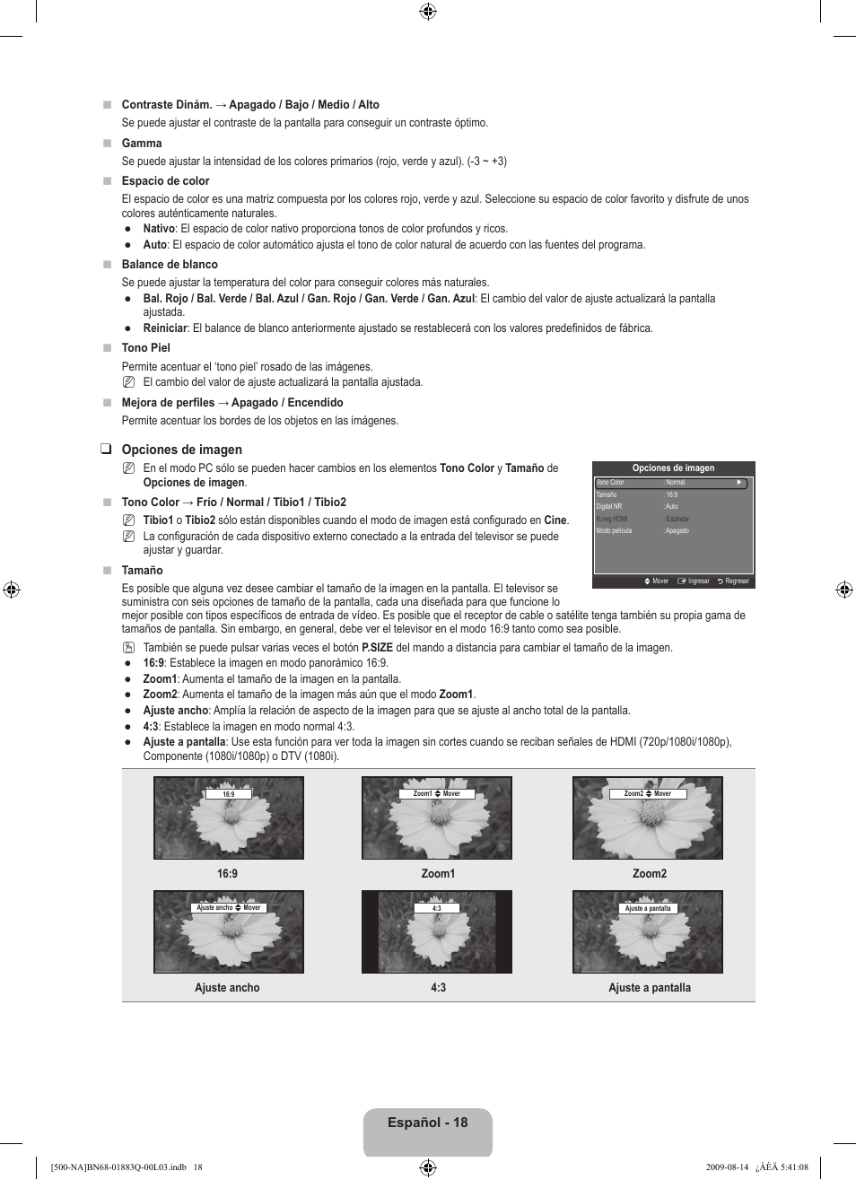 Español - 18, Opciones de imagen | Samsung LN40B500P3FXZA User Manual | Page 62 / 128