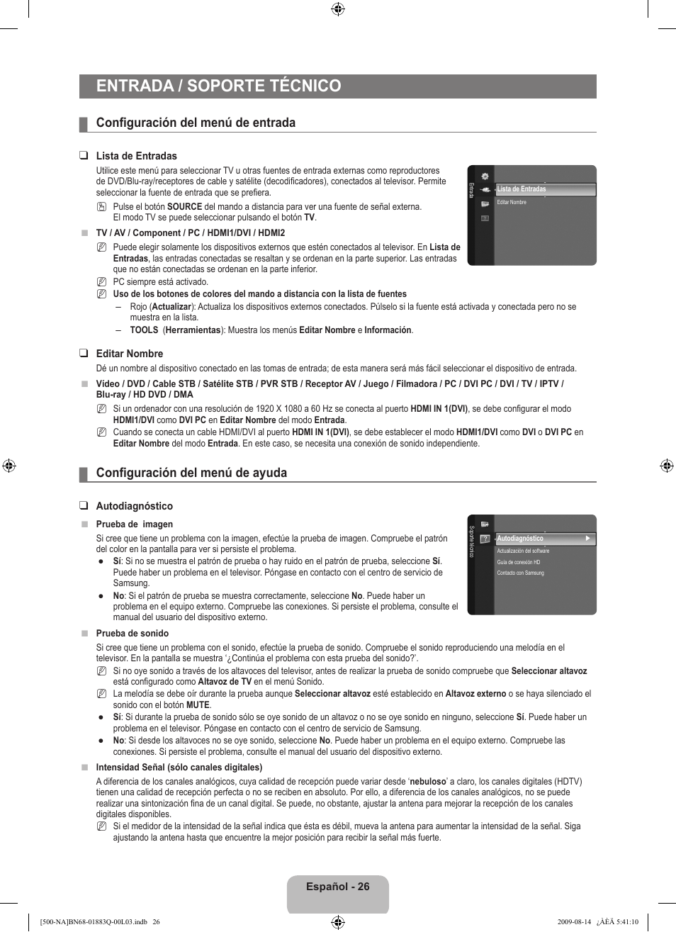 Entrada / soporte técnico, Configuración del menú de entrada, Configuración del menú de ayuda | Samsung LN40B500P3FXZA User Manual | Page 70 / 128