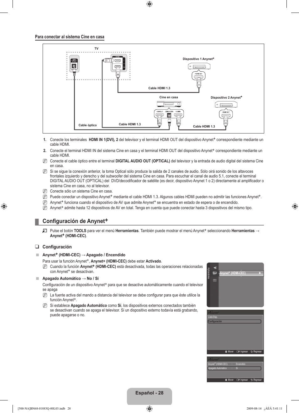 Confi guración de anynet, Español - 28 para conectar al sistema cine en casa, Confi guración | Samsung LN40B500P3FXZA User Manual | Page 72 / 128