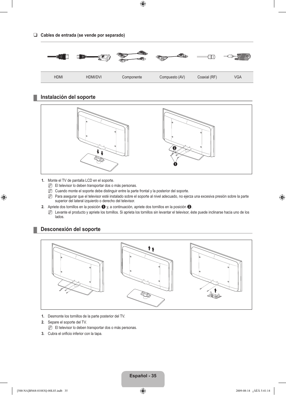 Instalación del soporte, Desconexión del soporte | Samsung LN40B500P3FXZA User Manual | Page 79 / 128