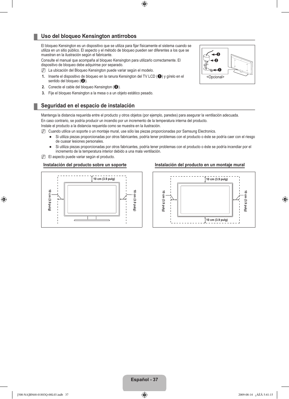 Uso del bloqueo kensington antirrobos, Seguridad en el espacio de instalación | Samsung LN40B500P3FXZA User Manual | Page 81 / 128