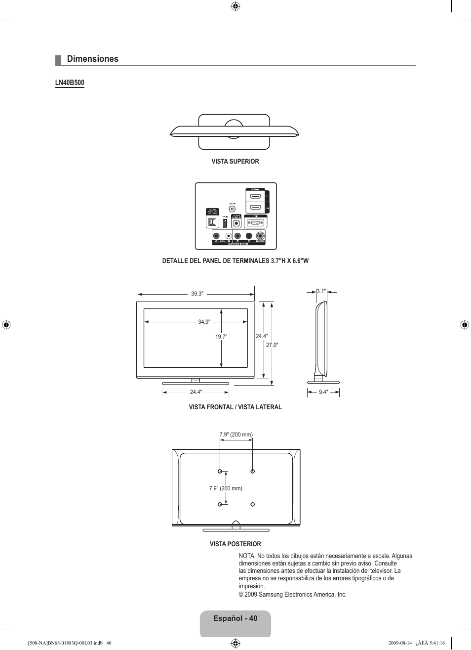 Dimensiones | Samsung LN40B500P3FXZA User Manual | Page 84 / 128