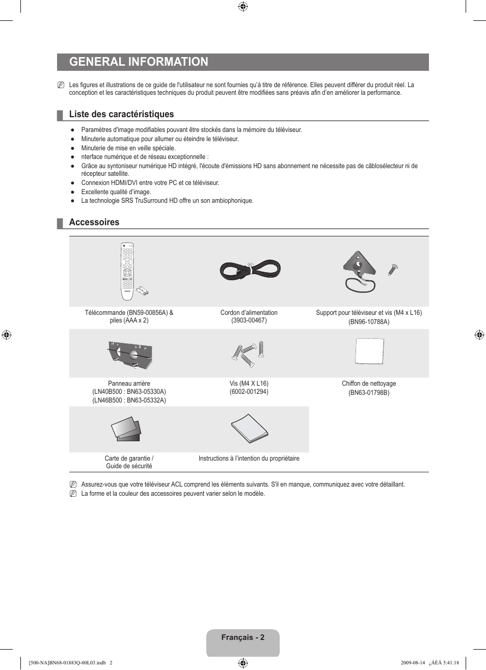 General information, Liste des caractéristiques, Accessoires | Samsung LN40B500P3FXZA User Manual | Page 88 / 128