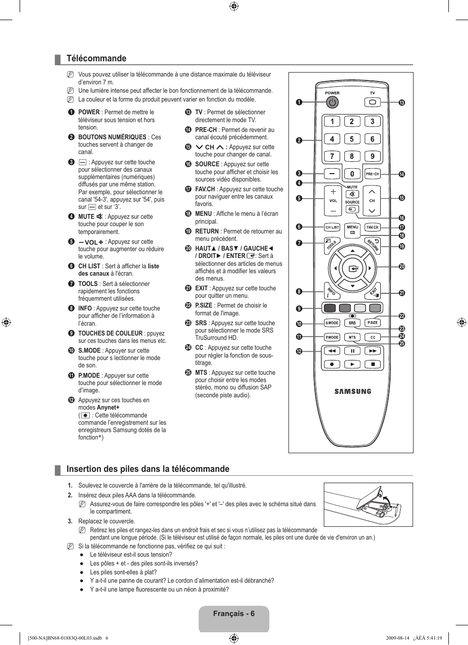 Télécommande, Insertion des piles dans la télécommande | Samsung LN40B500P3FXZA User Manual | Page 92 / 128