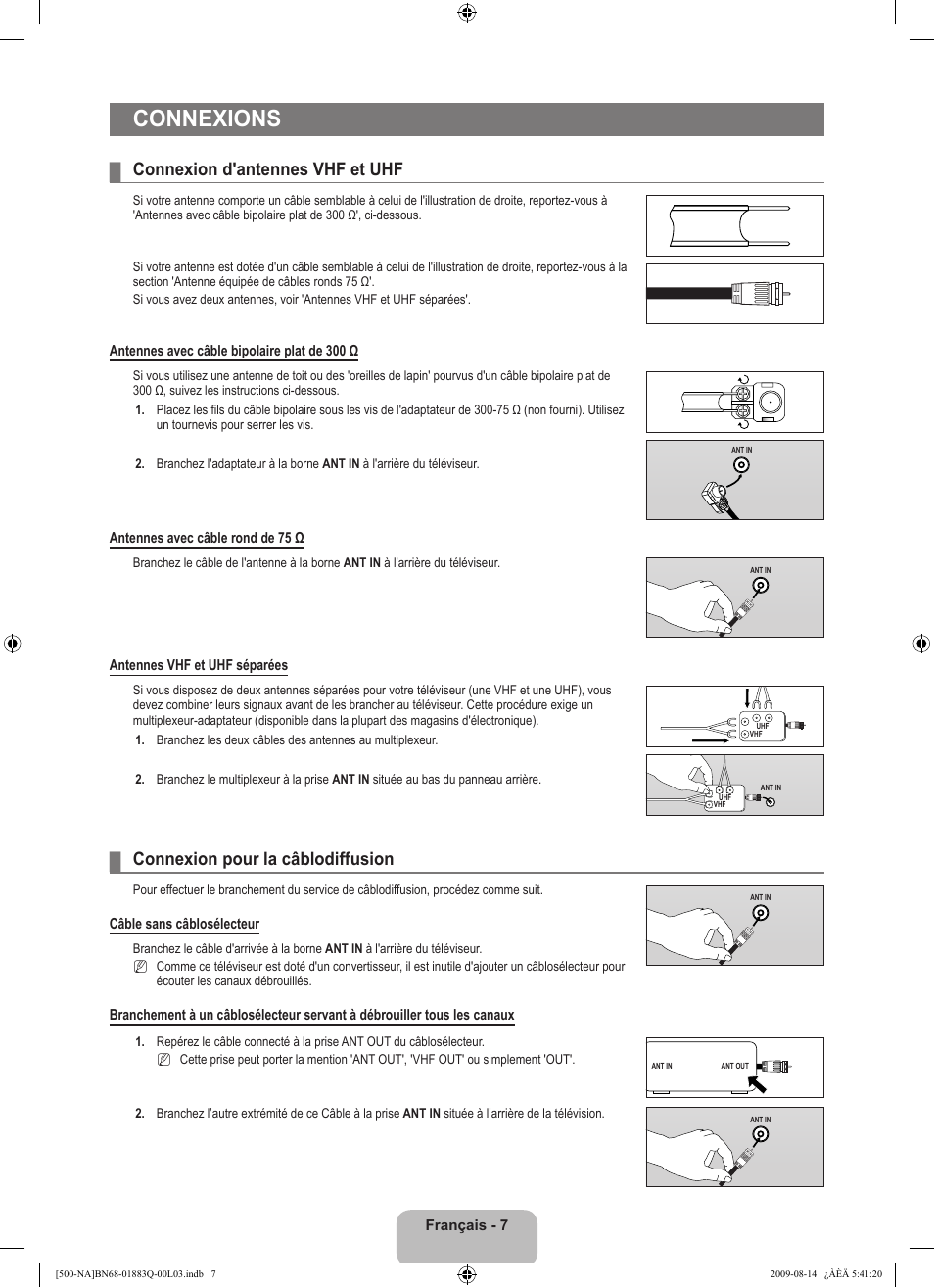 Connexions, Connexion d'antennes vhf et uhf, Connexion pour la câblodiffusion | Samsung LN40B500P3FXZA User Manual | Page 93 / 128