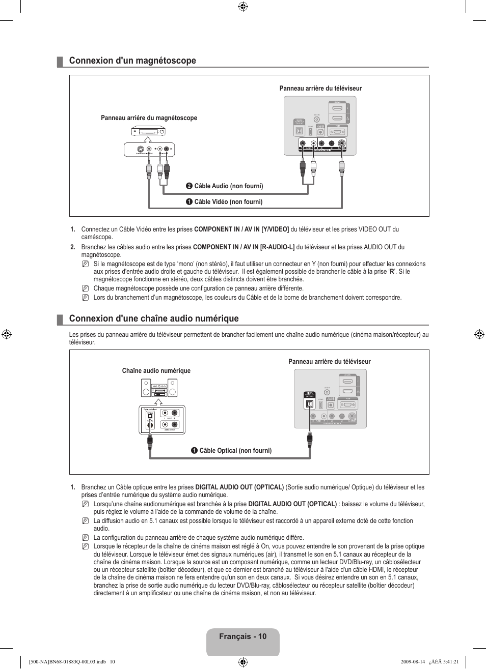 Connexion d'un magnétoscope, Connexion d'une chaîne audio numérique | Samsung LN40B500P3FXZA User Manual | Page 96 / 128