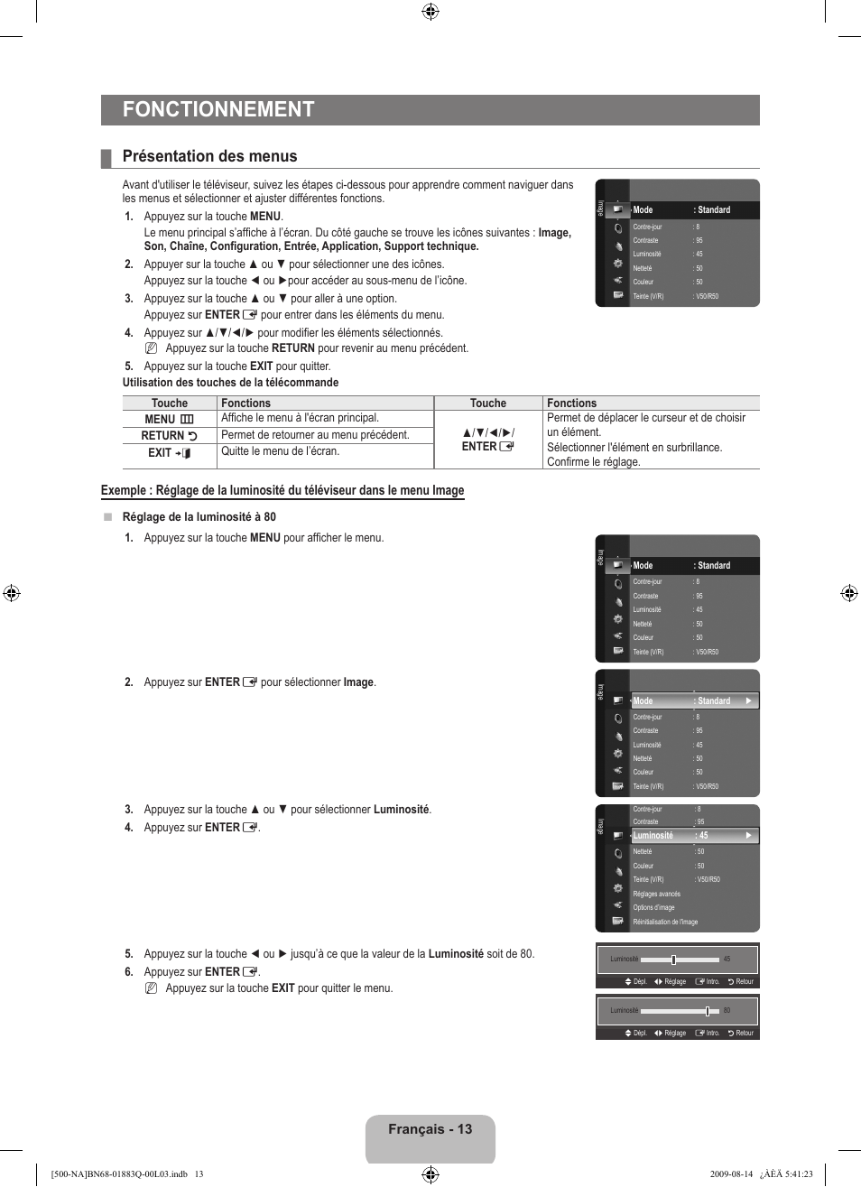 Fonctionnement, Présentation des menus, Français - 1 | Samsung LN40B500P3FXZA User Manual | Page 99 / 128