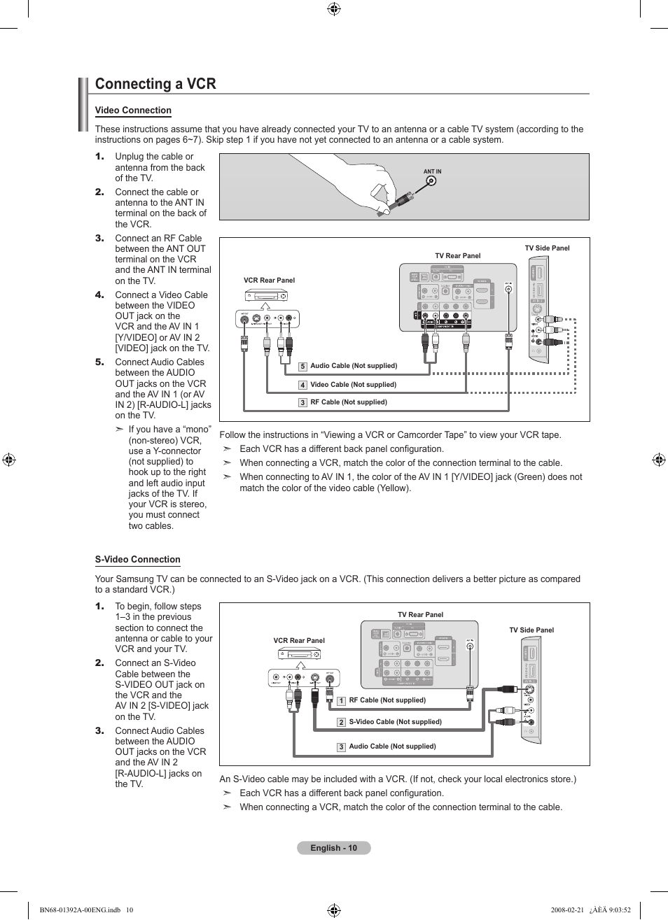 Connecting a vcr, Connecting a pc | Samsung LN37A550P3FXZA User Manual | Page 12 / 201