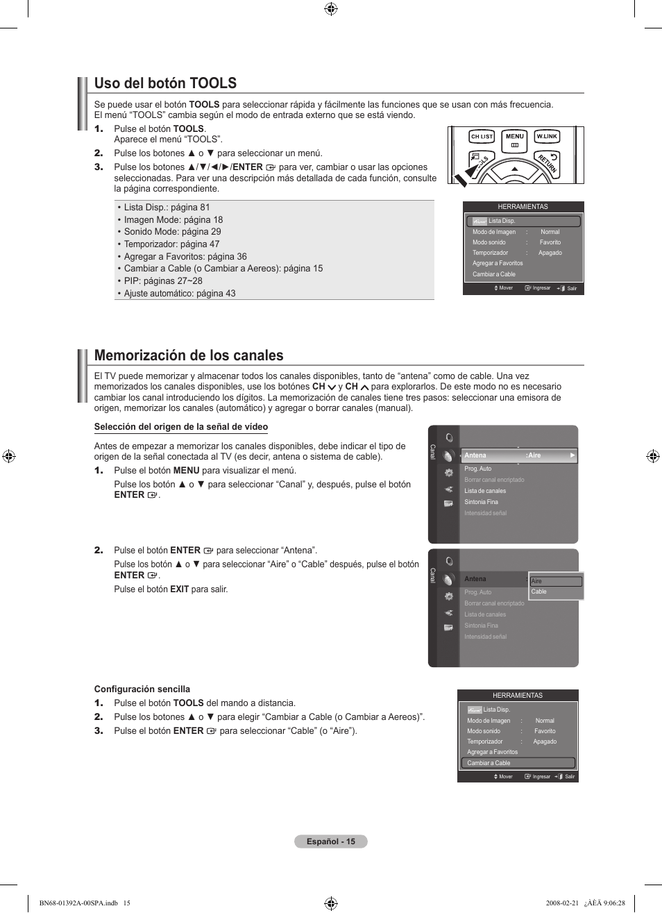 Uso del botón tools | Samsung LN37A550P3FXZA User Manual | Page 121 / 201