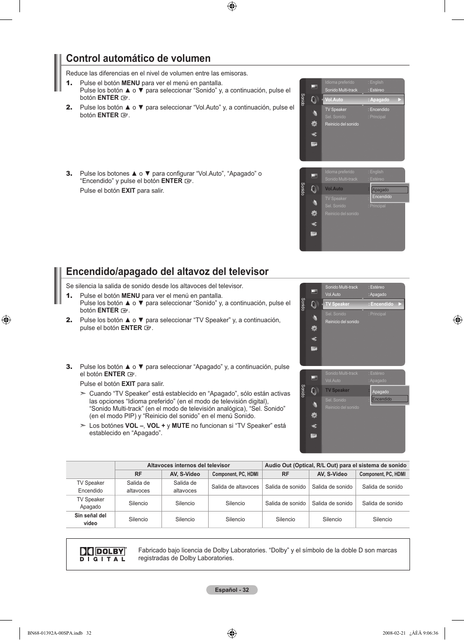 Control automático de volumen, Encendido/apagado del altavoz del televisor | Samsung LN37A550P3FXZA User Manual | Page 138 / 201